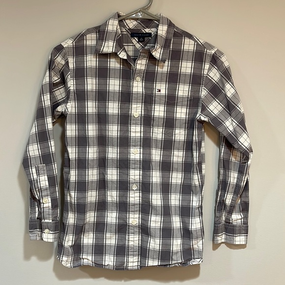 Tommy Hilfiger grey and white plaid button down shirt boys size 8-10 - Picture 1 of 5